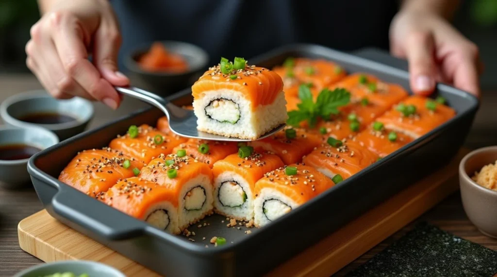 Step-by-step guide for a salmon sushi bake.